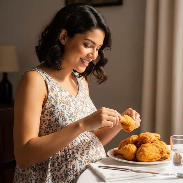 pregnant woman eating chicken