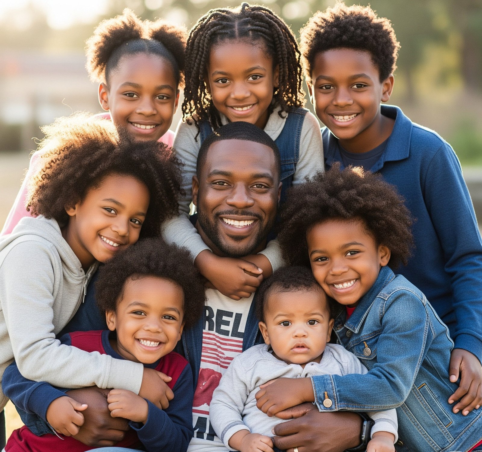 black father with his 7 children