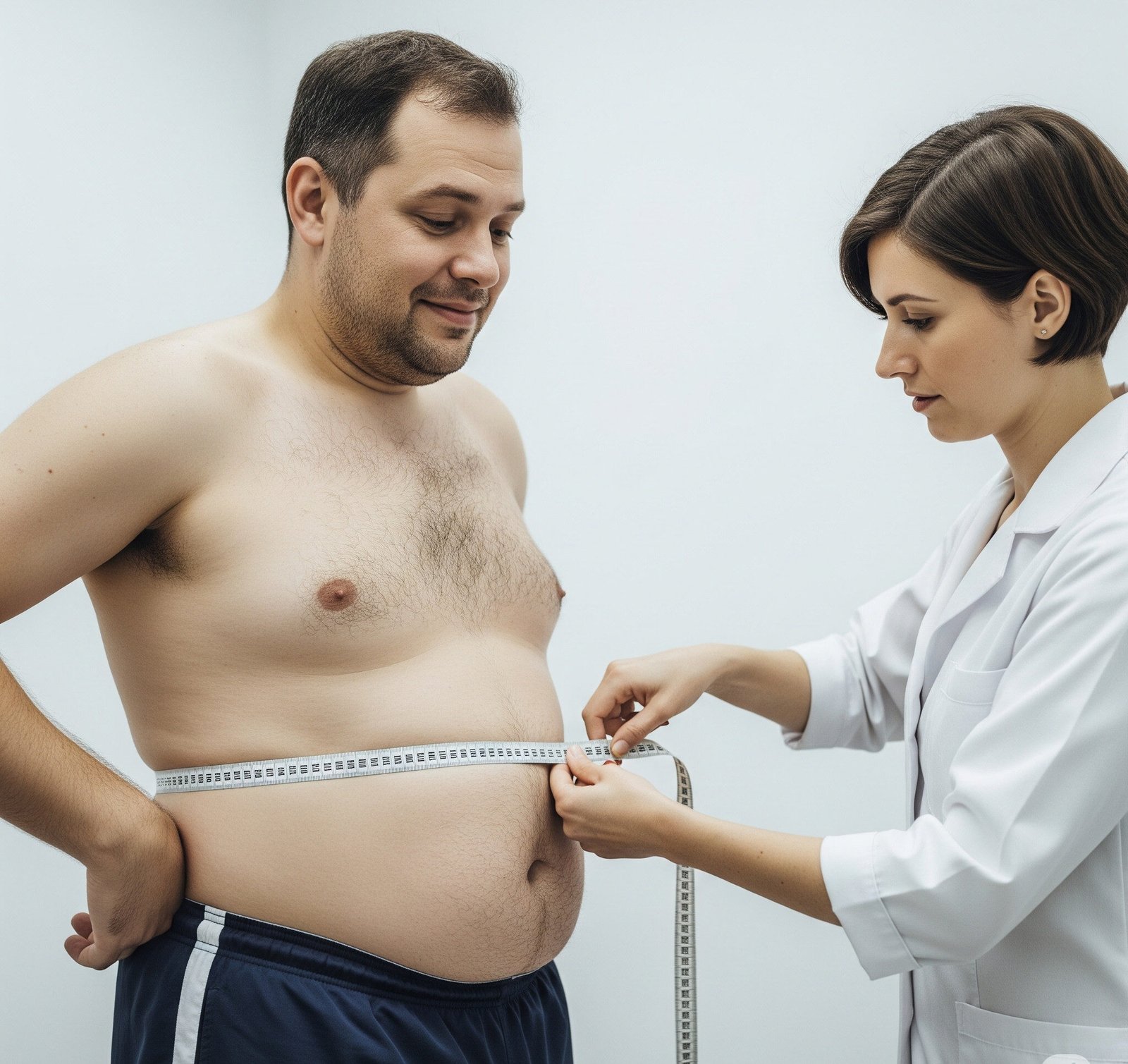 researcher measuring a overweight mans stomach
