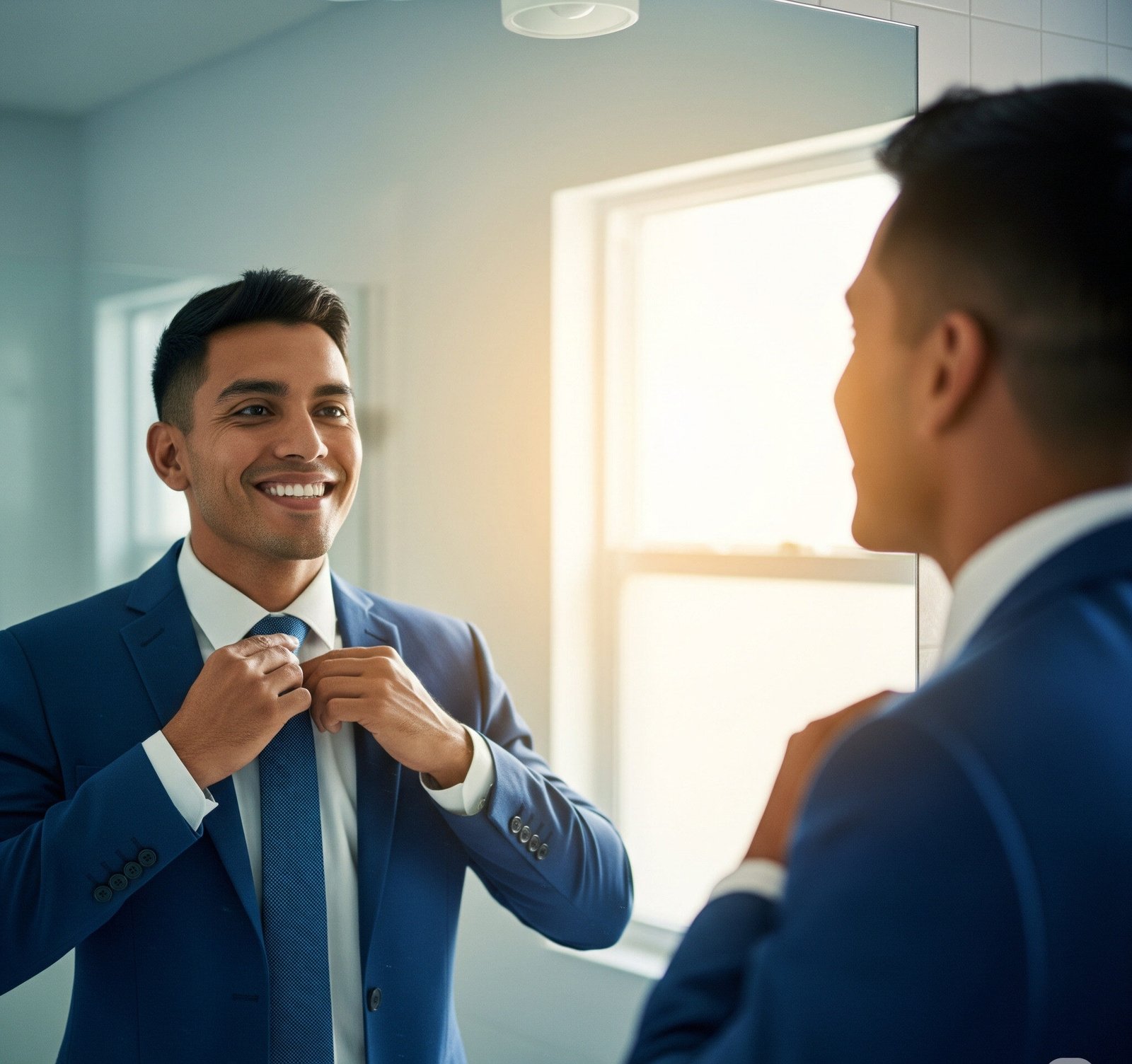 happy man looking in mirror