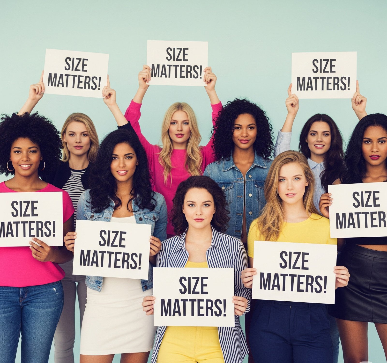 A group of women holding up size matters signs