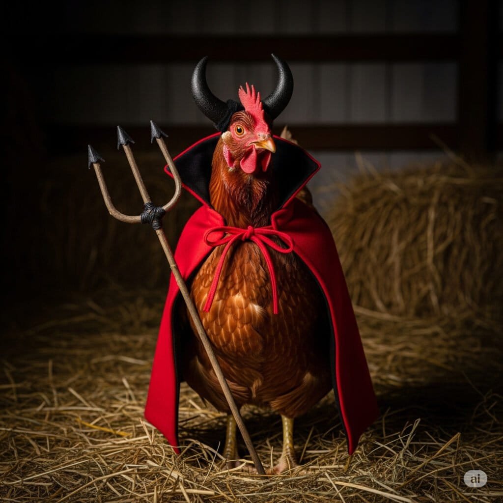 a chicken wearing a devil costume