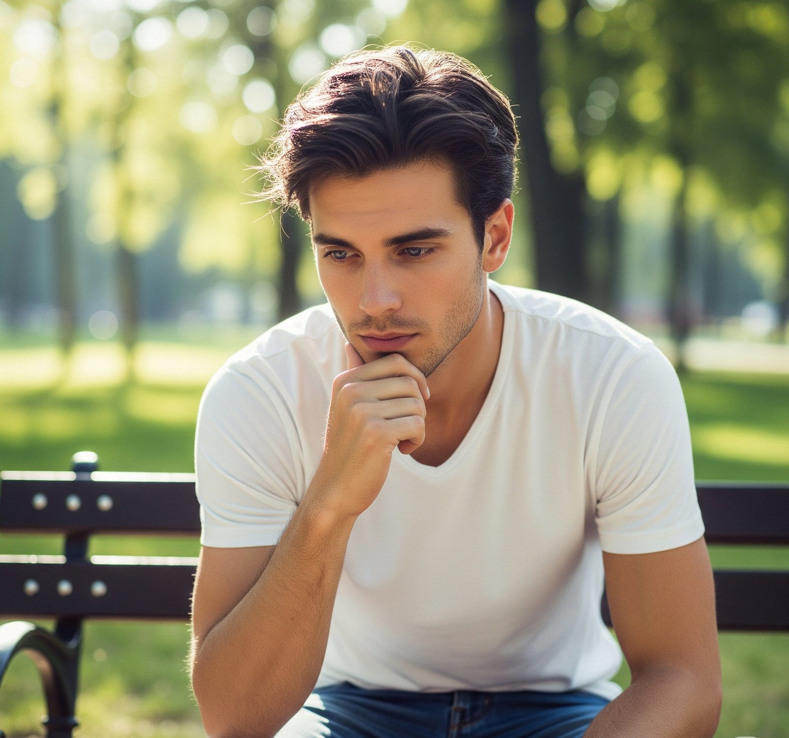 Man sitting and thinking with hand on chin
