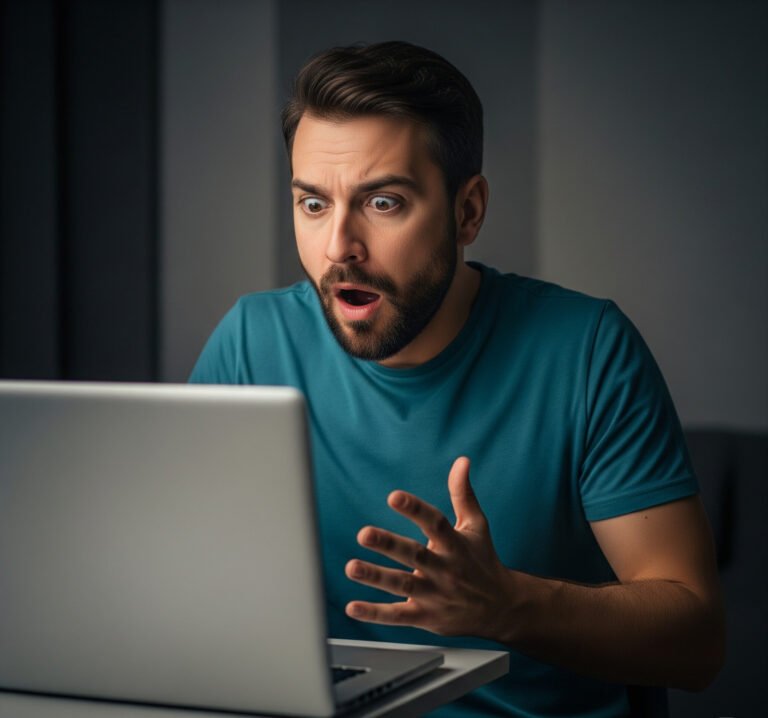man looking at jelqing before and after pictures on a computer