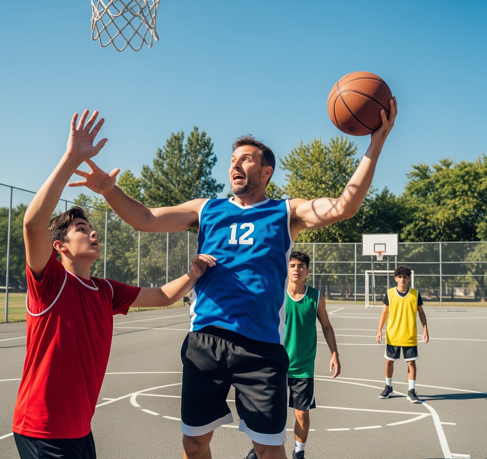 middle age man playing basketball with teens